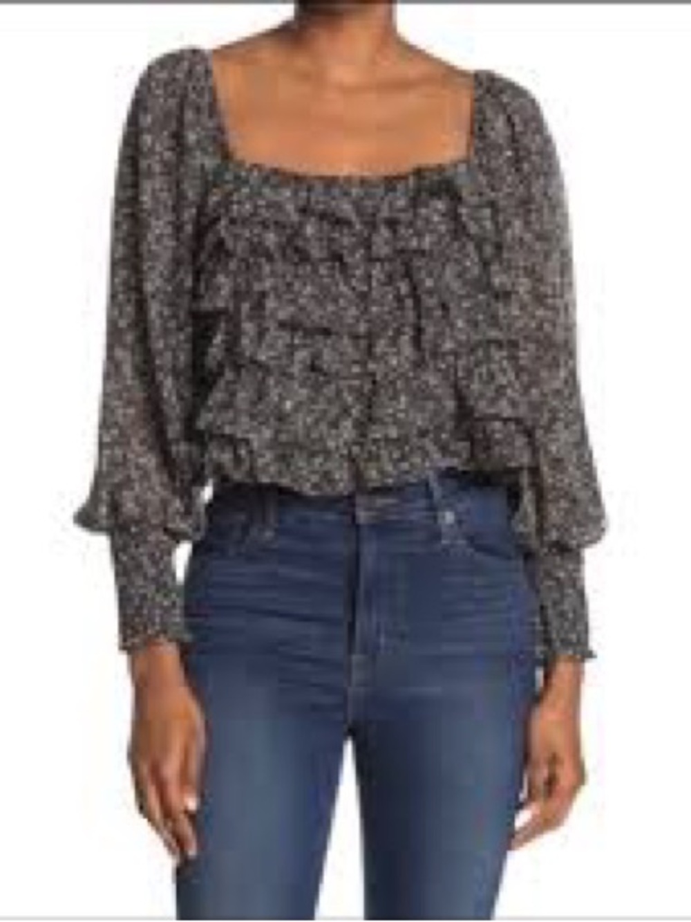 Astr Black and White Floral Ruffle Long Sleeve Blouse